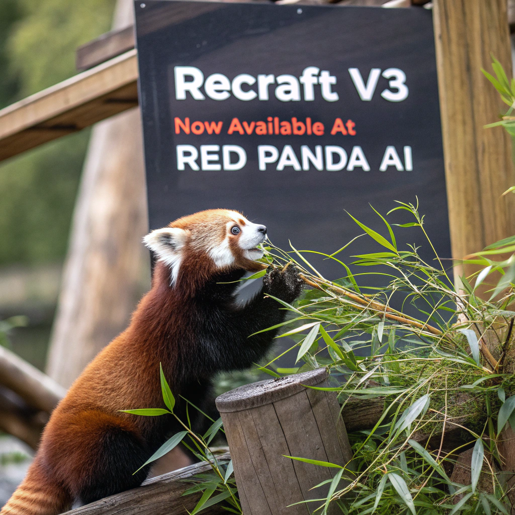AI generated image by FLUX.1-schnell: a red panda eating a bamboo in front of a poster that says "recraft V3 now available at red panda ai