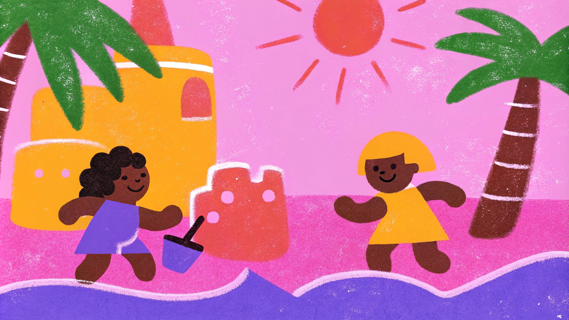 AI generated image by Red Panda AI: Kids playing on the beach on a sunny day. They are running around in the shadow of a giant bottle of sunscreen.