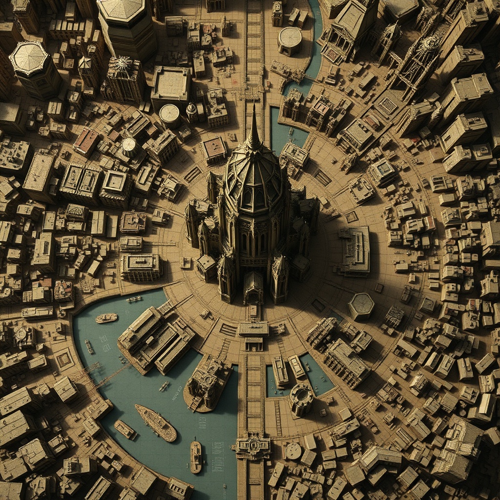 AI generated image by FLUX.1-schnell: TTRPG overhead map of sprawling city with multiple social and economic districts. There should be a large onyx tower in the center. Similar to maps made by WOTC.