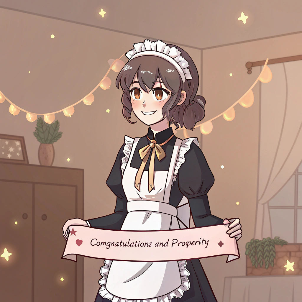 AI generated image by Red Panda AI: 杨超越穿着女仆装,拿着恭喜发财的条幅的手机壁纸