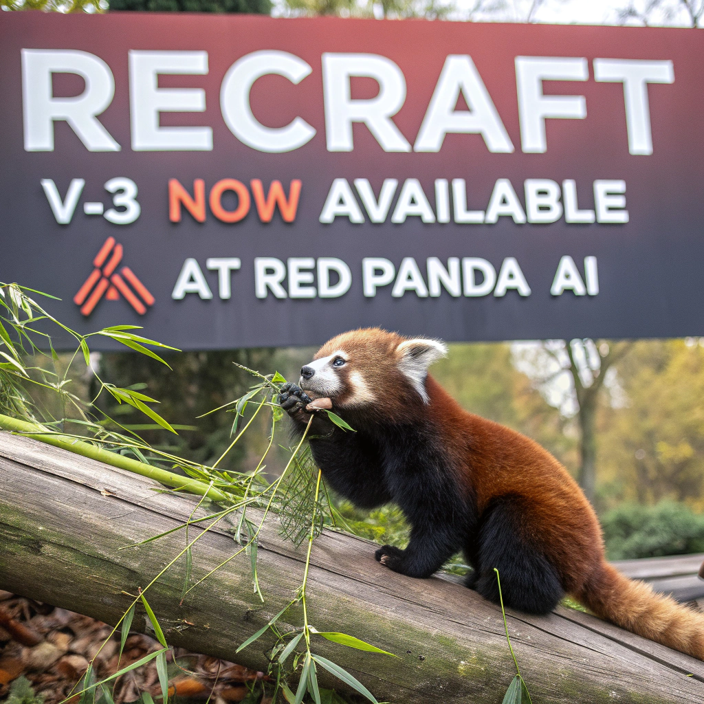 AI generated image by Red Panda AI: a red panda eating a bamboo in front of a poster that says "recraft V3 now available at red panda ai