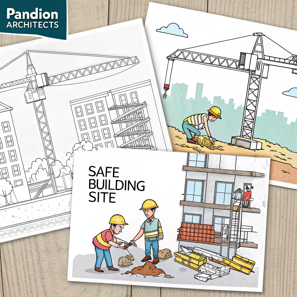 AI generated image by Red Panda AI: erstelle mir 10 baustellen ausmalbilder für kinder mit jewils kleinen texten drauf das ist nämlich für ein architektenbüro und ist für kinder zum ausmalen also ein kleines ausmalbuch es ist für die firma pandion