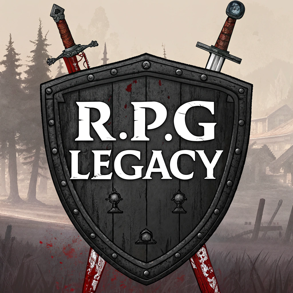 AI generated image by Red Panda AI: quiero que crees un logo que diga R.P.G Legacy asi con los bordes negros y letras blancas en el medio y atras tenga un escudo medieval grande y espadas medievales y a los lados y en las puntas tengan sangre  y en fondo sea  como medieval