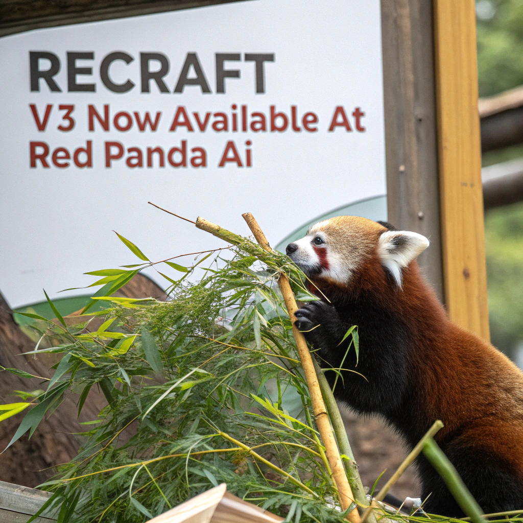 AI generated image by Red Panda AI: a red panda eating a bamboo in front of a poster that says "recraft V3 now available at red panda ai