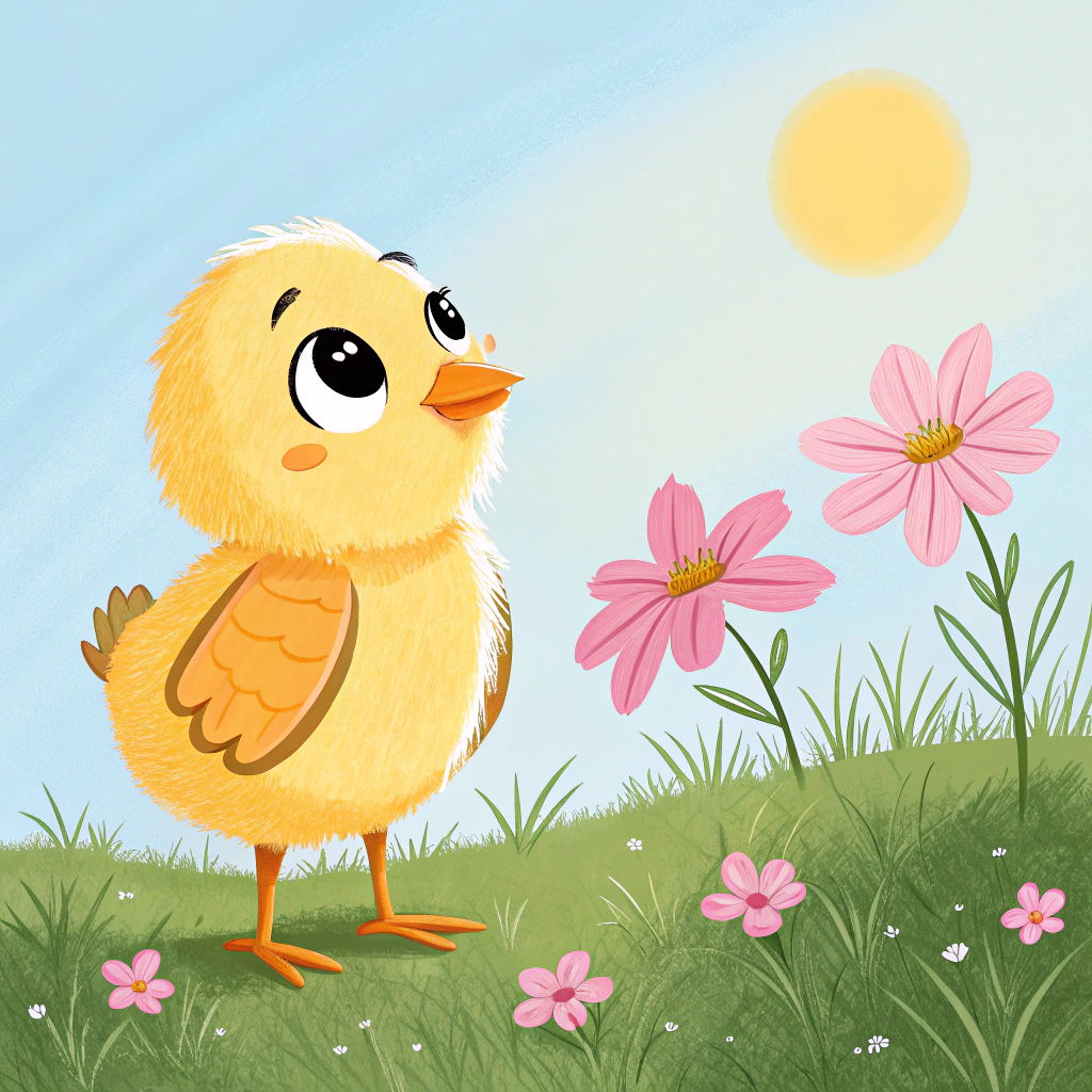 AI generated image by Red Panda AI: Create a character of a chick with black eyes and an orange beak, its body and face are yellow. Its arms are shaped like baguette bread, and its legs are round, bread-like, with an orange color. The chick is standing on a grassy field, looking at 7 pink cosmos flowers. The sky is clear and blue, and the sun is shining brightly on a sunny day.