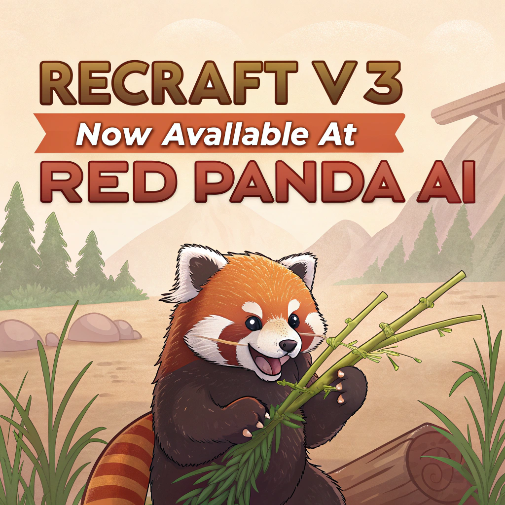 AI generated image by FLUX.1-schnell: a red panda eating a bamboo in front of a poster that says "recraft V3 now available at red panda ai