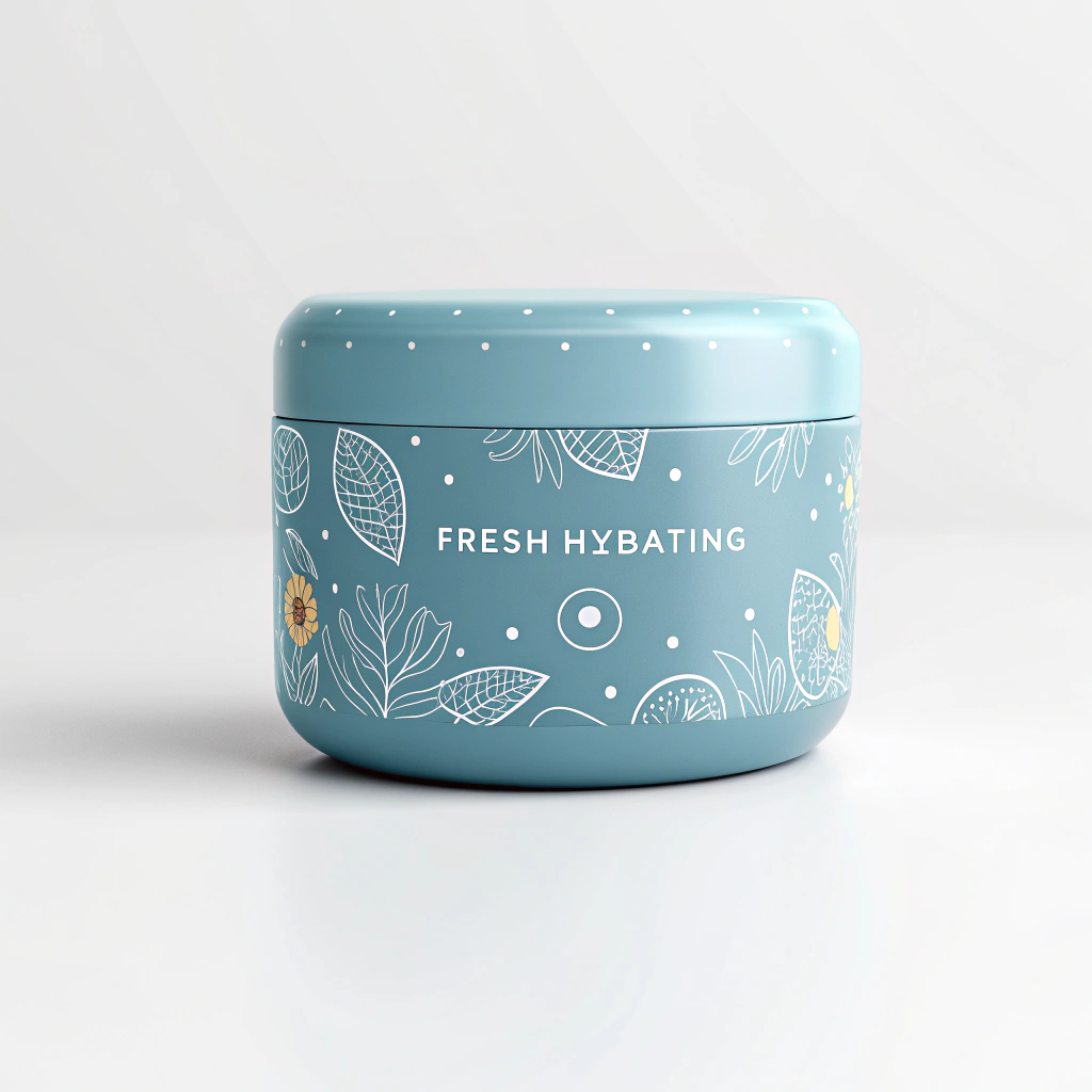 AI generated image by Red Panda AI: 3D render of a more rounded, sky-blue cosmetic packaging design featuring subtle, youthful patterns on its surface. Use clean white typography for the brand name and product details in a minimalist style, emphasizing a fresh, hydrating concept. Soft lighting and a clean background highlight the smooth shape and vibrant design details, conveying a youthful, modern, and premium feel.