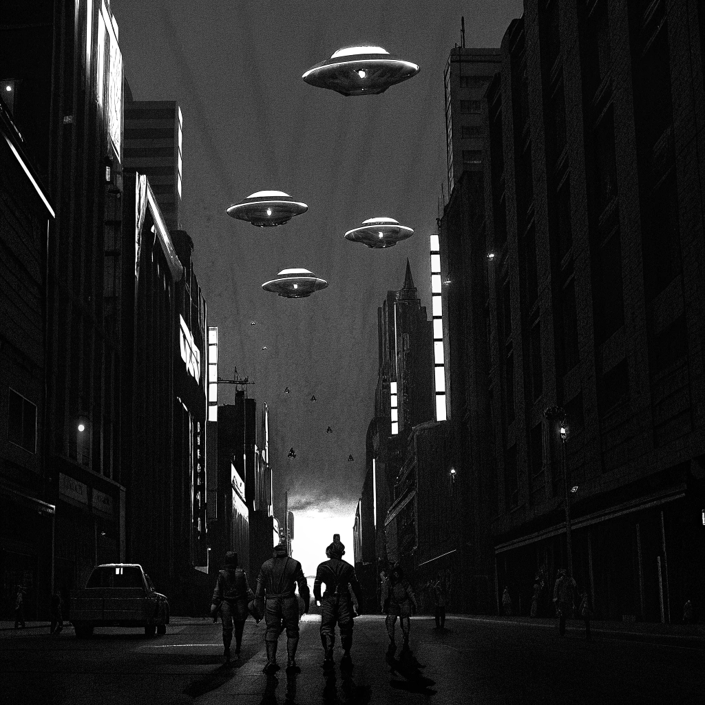 AI generated image by Red Panda AI: barrio futurista. con coches voladores y personas robotizadas.