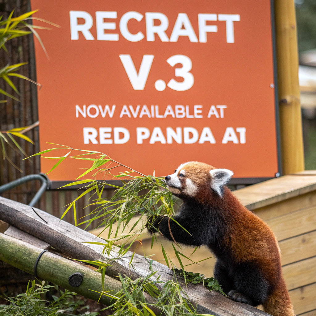 AI generated image by Red Panda AI: a red panda eating a bamboo in front of a poster that says "recraft V3 now available at red panda ai