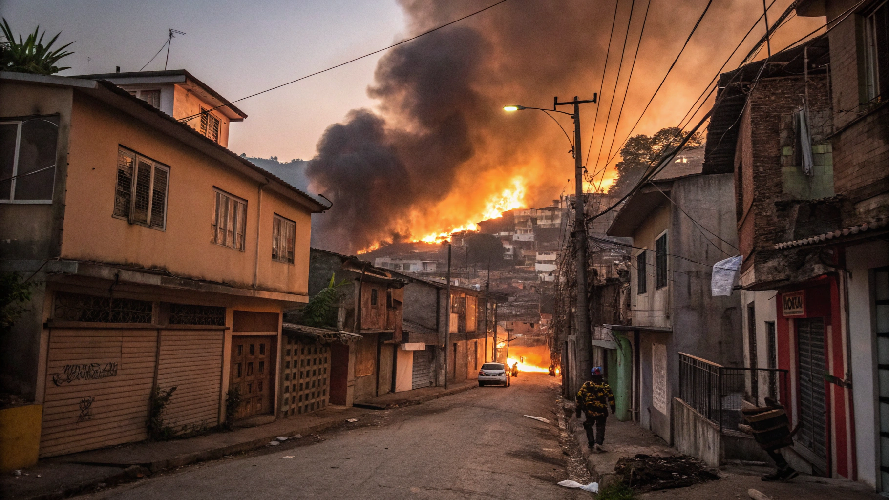 AI generated image by Red Panda AI: Street in Flames on Rio de Janeiro, favela.