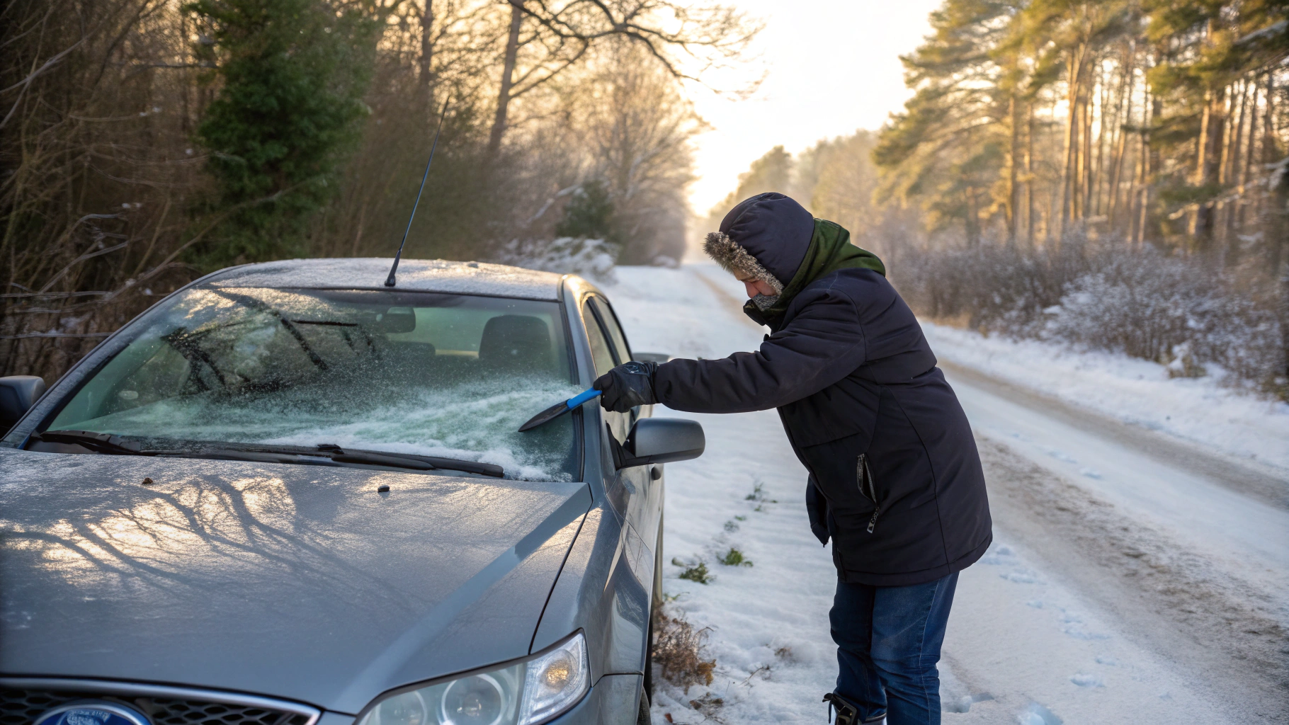 AI generated image by Red Panda AI: Scrubbing ice from car window. Ford Mondeo MK3.
Nature environment.