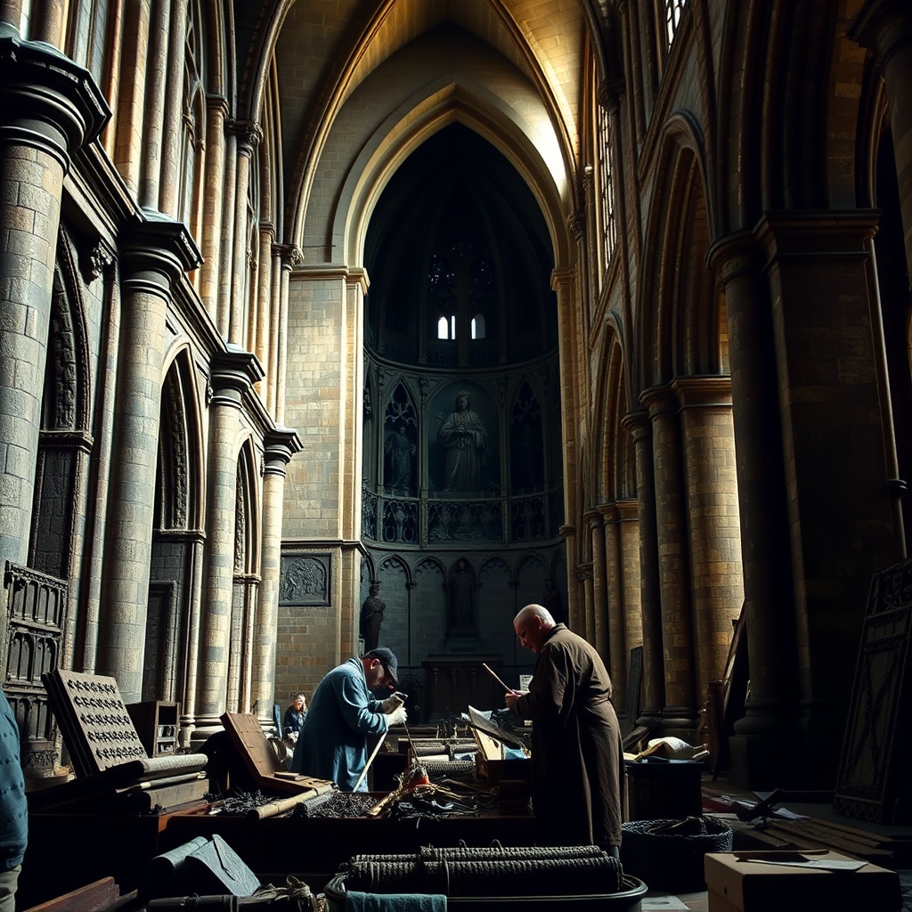 AI generated image by FLUX.1-schnell: obreros medievales trabajando en una catedral y de fondo que se vea 2025