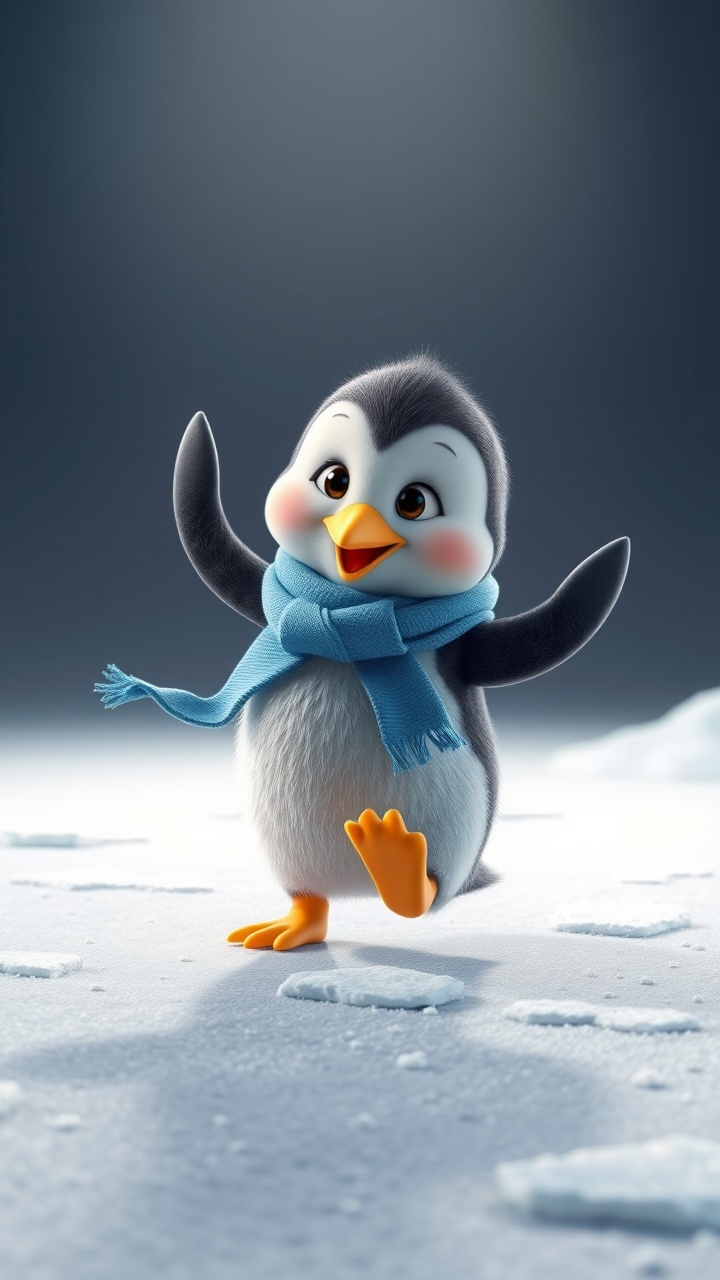 AI generated image by FLUX.1-schnell: A dancing baby penguin, one flipper up, one leg raised, spinning on icy ground, blue scarf flowing, spotlight effect, studio background, high detail, 4k cartoonish style 3D