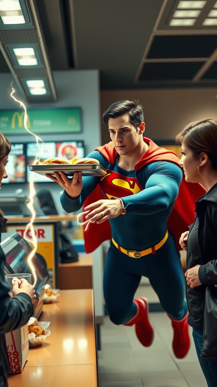 AI generated image by FLUX.1-schnell:
Superman handing a tray of food to a customer at lightning speed, modern era, wearing a McDonald's uniform, inside a McDonald's counter area, customers looking confused at how fast he moved, the counter and menu screens in the background, medium shot, hyper-realistic, photo realism, cinematography