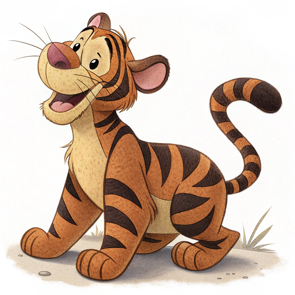 AI generated image by Red Panda AI: image of a cartoon tiger like "Tigger" from whinnie the pooh, but the stripes are brown and darker brown and black, but nothing light colored or beige, the stomach area and face are dark brown, the stomach is black