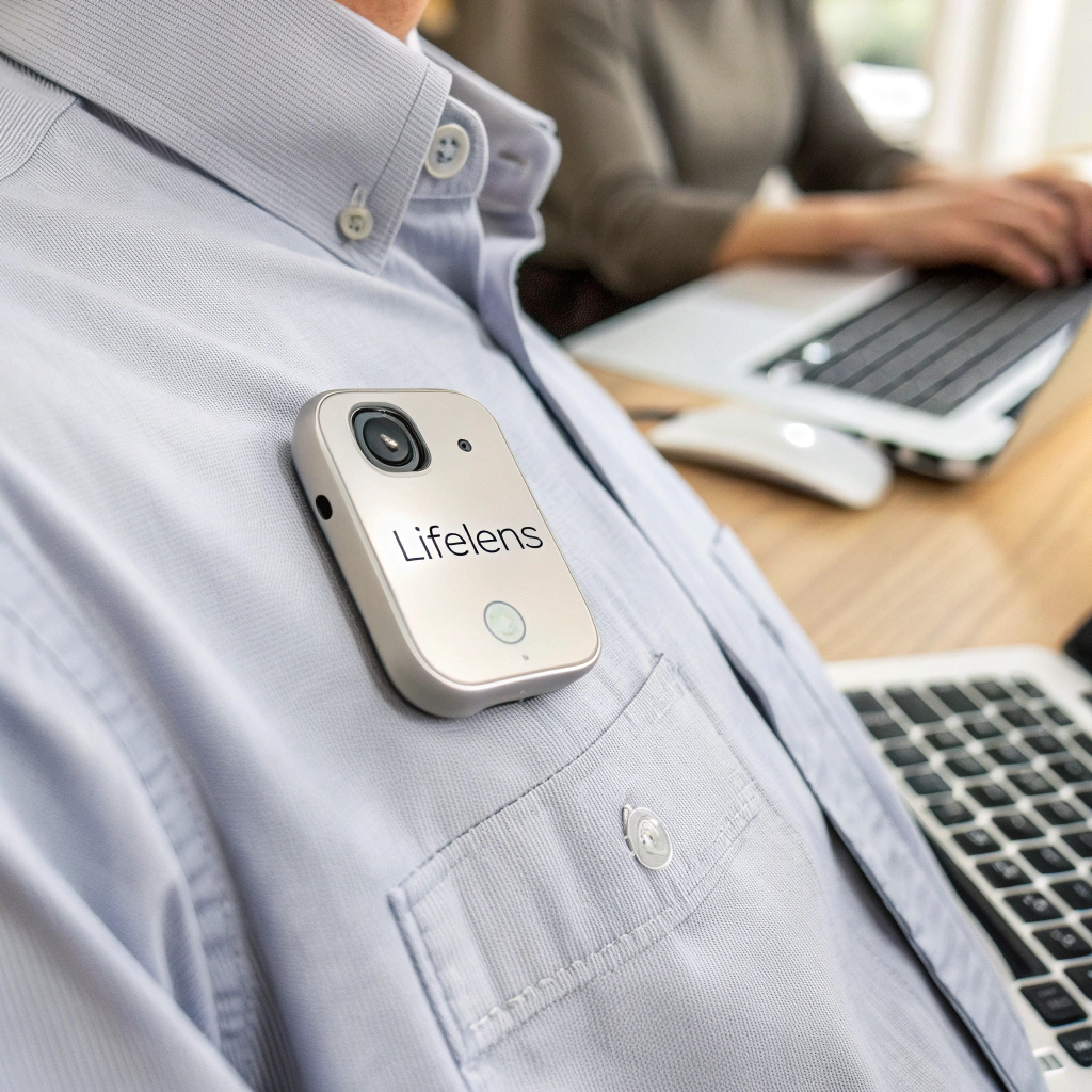 AI generated image by Red Panda AI: A sleek, lightweight AI-powered wearable device named "LifeLens," designed to be worn on the chest. The device is compact, with a minimalist, modern design, featuring a high-definition front-facing camera integrated seamlessly into the device. It has a smooth, matte finish with a subtle metallic sheen, combining a futuristic and professional look. The LifeLens is clipped onto a shirt or jacket at chest level, and is ergonomically designed to be unobtrusive and comfortable for everyday use. The camera lens is visible on the front, and the device has a small, discreet LED indicator light to show when it’s active. The image should convey the blend of cutting-edge technology and personal well-being. Include the LifeLens alongside a clean, professional setting with a person wearing the device while engaged in daily activities, such as working at a desk or interacting in a social setting. The focus is on the wearable being part of a modern, productive, and privacy-conscious lifestyle.