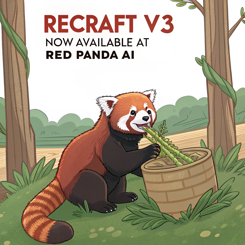 AI generated image by Red Panda AI: a red panda eating a bamboo in front of a poster that says "recraft V3 now available at red panda ai