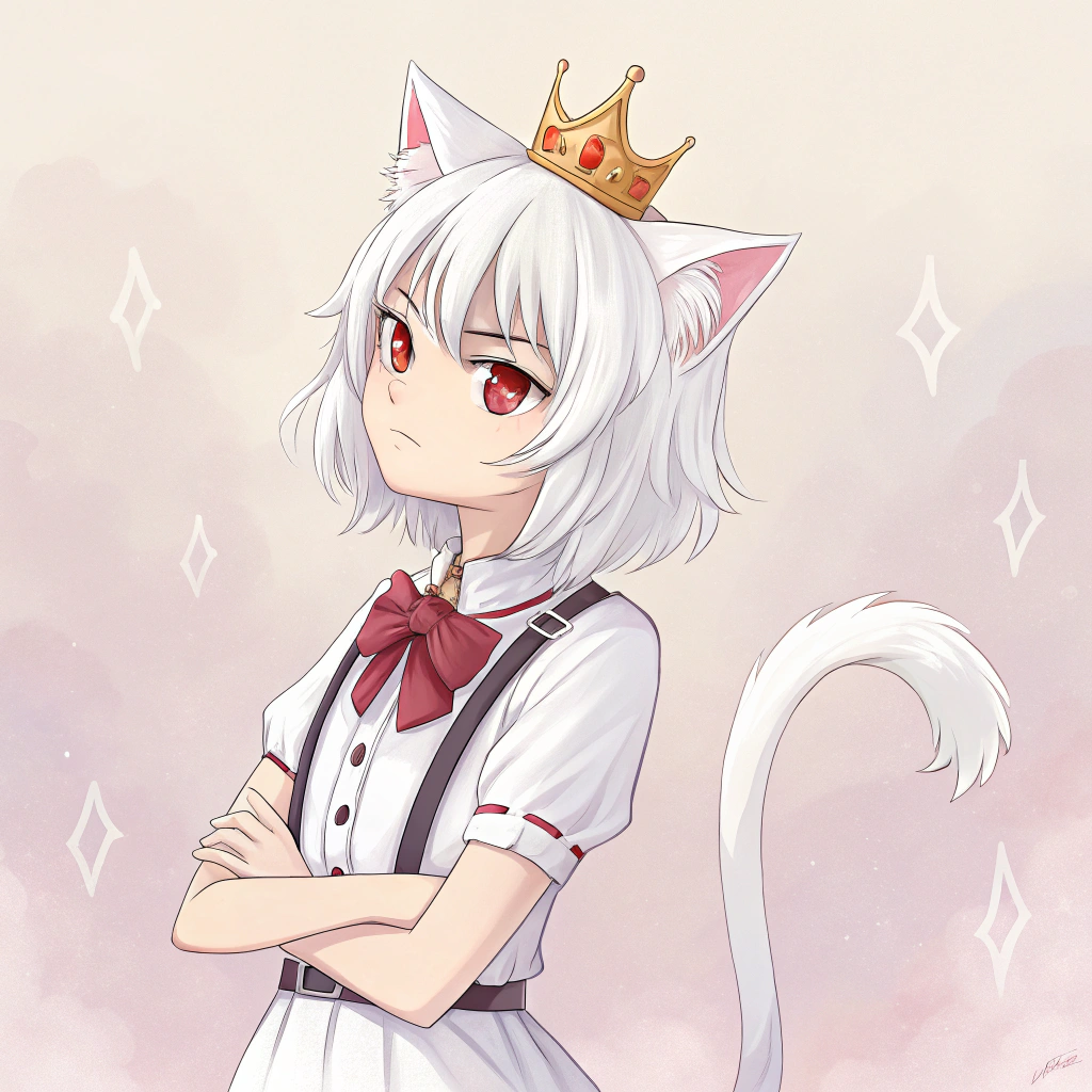 AI generated image by Red Panda AI: chica gato albina anime con manos cruzadas con corona