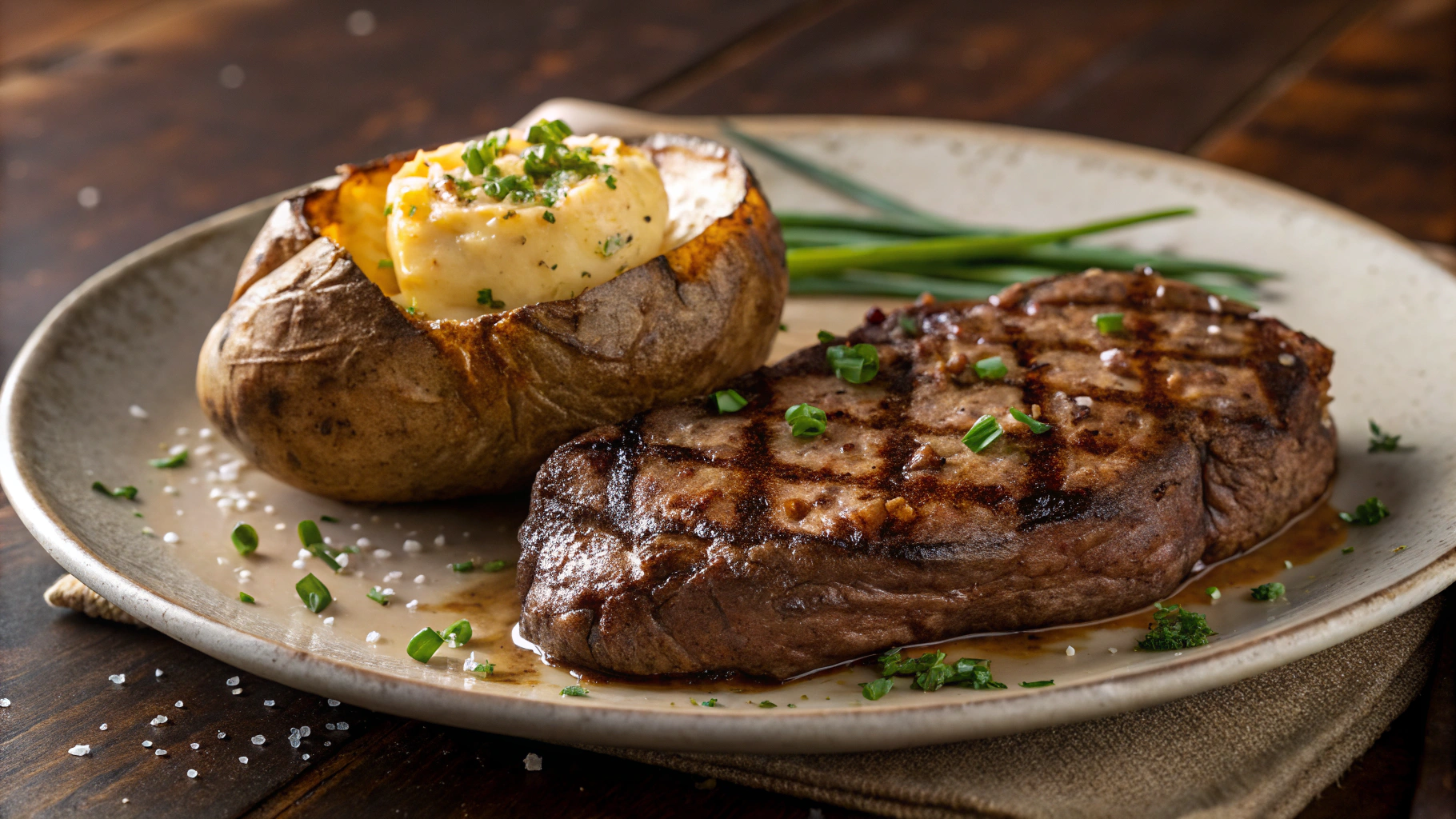 AI generated image by Red Panda AI: steak and baked potato on a plate, hot and ready to eat