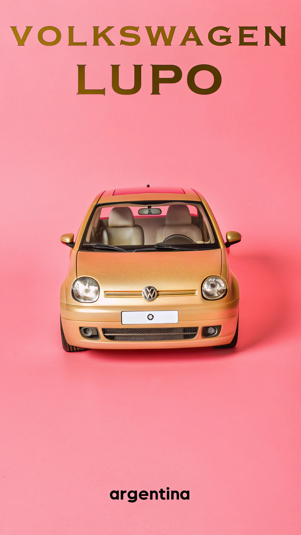 AI generated image by Red Panda AI: El coche LUPO (de VolksWagen año 2006 color dorado hecho en Argentina) con estilo de una portada completa de revista de carros, con el nombre LUPO encima del coche y detrás de una vista de frende del coche Lupo con efecto fantasma en grande