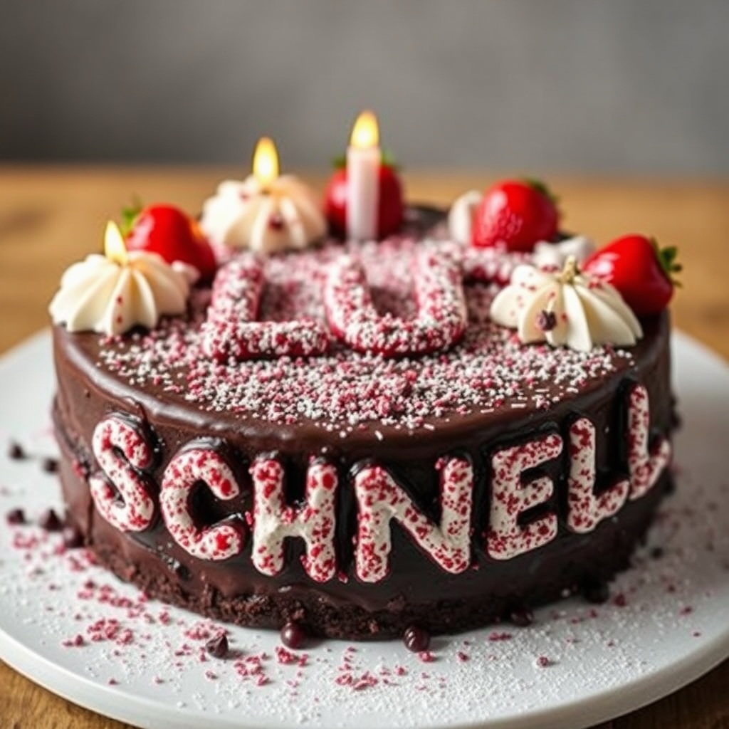 AI generated image by FLUX.1-schnell: black forest gateau cake spelling out the words "FLUX SCHNELL", tasty, food photography, dynamic shot