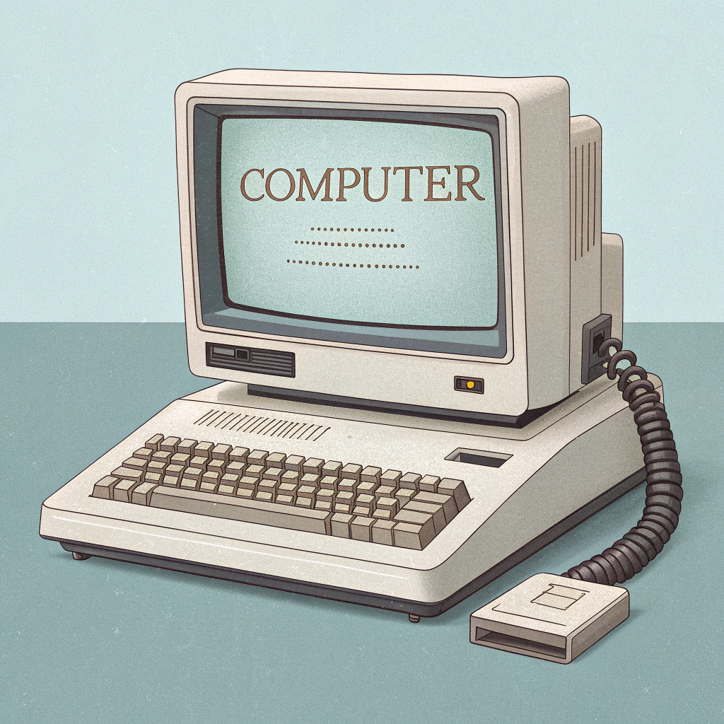 AI generated image by Red Panda AI: genérame una imagen de un ordenador antiguo que no sea ni tan moderno ni tan antiguo que la pantalla aparezca encendida con unas letras