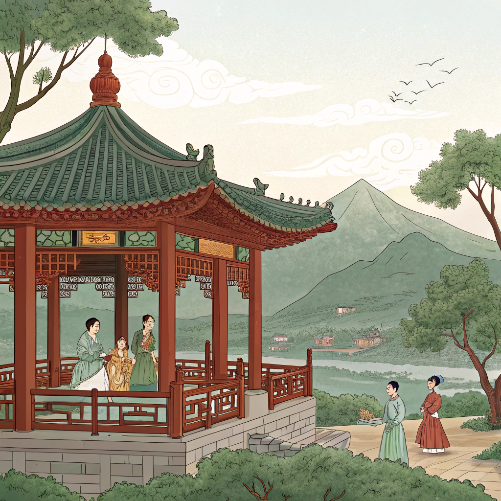 AI generated image by Red Panda AI: A traditional Chinese painting-style illustration depicting an ancient pavilion surrounded by lush greenery and distant mountains. The pavilion has intricate wooden carvings, curved roofs, and vibrant red and green tones. Inside and around the pavilion, elegantly dressed figures in hanfu are gathered, engaged in tea drinking, conversations, and leisure activities. The atmosphere is serene, with soft, warm lighting enhancing the traditional and harmonious feel. The art style mimics classical Chinese murals, with delicate lines, balanced colors, and rich cultural details.