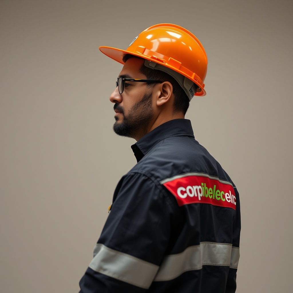 AI generated image by FLUX.1-schnell: tengo una charla sobre cifrado de archivos con un personal de la compañía, en esta imagen requiero aparecer de perfil, soy caucásico de 1.76cm con un peso promedio de unos 62kg, trabajo en la parte de prevención y protección, asi que usamos color negro de base rojo para el logo de la empresa corpoelec y verde para resaltar las letras, debo verme de perfil.