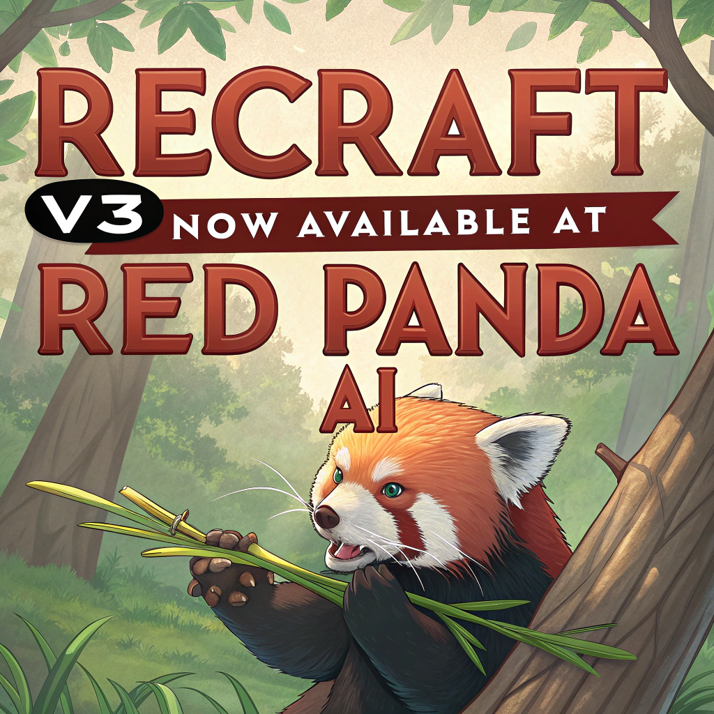 AI generated image by Red Panda AI: a red panda eating a bamboo in front of a poster that says "recraft V3 now available at red panda ai