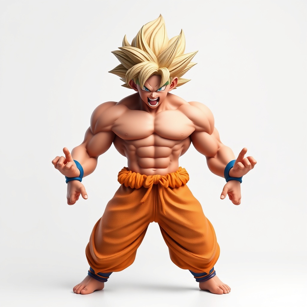 AI generated image by FLUX.1-schnell: goku of dragon ball , Full-body, front-facing muscular anime character, furious expression, spiky hair, heroic anatomy, artistic nude style with genital coverage via subtle energy aura, strong heroic stance, clean sculpt optimized for 3D printing, vibrant skin colors, plain white background, cinematic lighting, solid 3D-printable surfaces, simplified details, complete body, anime style, dynamic energy effects.