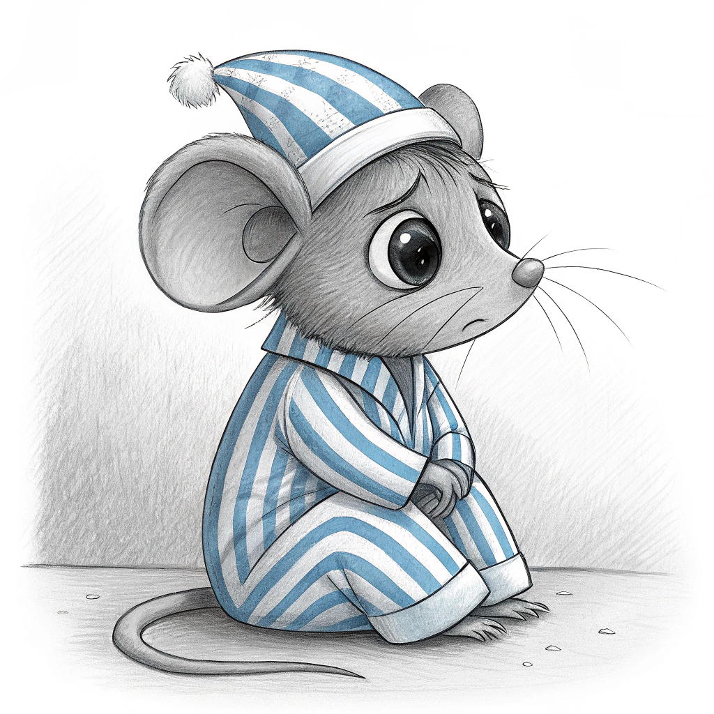 AI generated image by Red Panda AI: hazme un ratón realista en blanco y negro triste que lleve puesto una pijama y un gorro de pijama de rayas azules con blanco