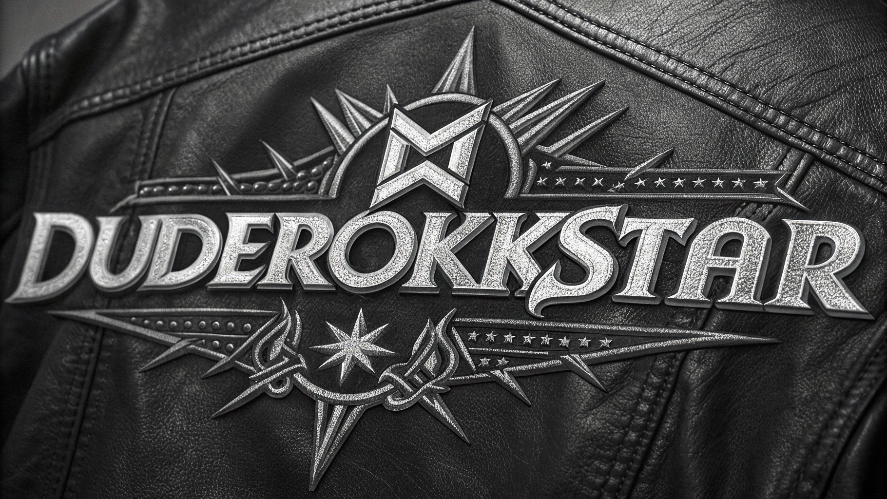 AI generated image by Red Panda AI: "Dude Rokkstar" (spelled DudeRokkstar) logo using a heavy metal font, bold, strong, powerful, as a patch on a leather jacket