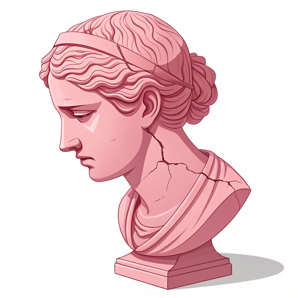 AI generated image by Red Panda AI: antiguo busto romano de mujer joven triste, arcilla rosa rompiendose, desmoronandose por la accion del tiempo, rotura en la cara con e viento, viendo hacia abajo izquierda, fondo blanco vector