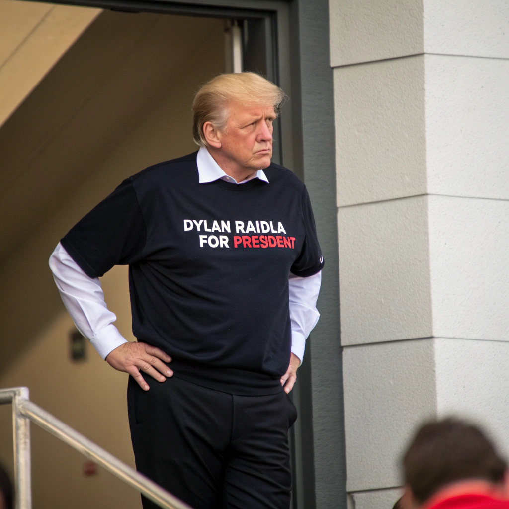 AI generated image by Red Panda AI: donald trump wearing a "Dylan Raiola for President" shirt