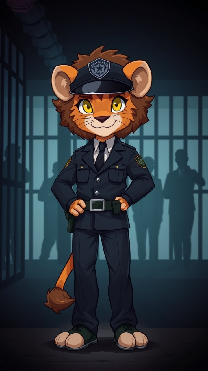 AI generated image by FLUX.1-schnell: "A young anthropomorphic lion boy with human-like hands and feet, dressed in a sharp police uniform, stands confidently in a dimly lit urban environment. His uniform is neat and professional, and his expression reflects determination and authority. In the background, a row of jail cells is visible, with silhouettes of thieves locked behind bars, emphasizing his success as a police officer. The setting has a dark theme, with minimal lighting casting dramatic shadows, highlighting Lillu’s role as a protector of the city."