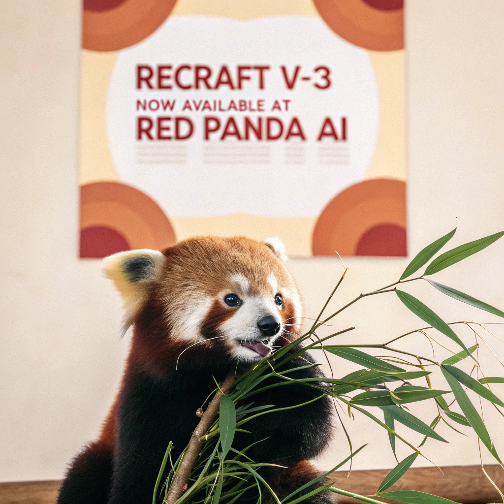 AI generated image by Red Panda AI: a red panda eating a bamboo in front of a poster that says "recraft V3 now available at red panda ai