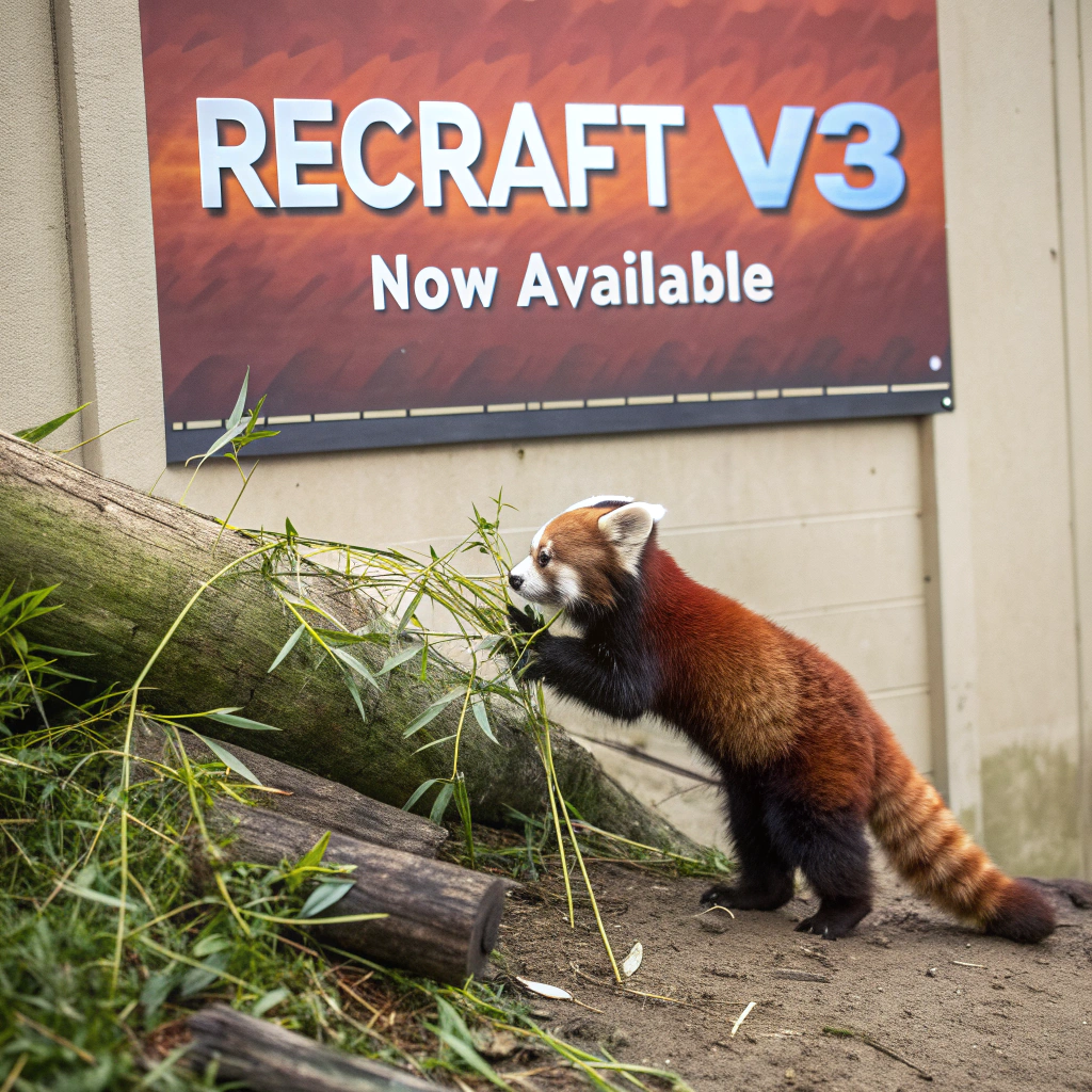 AI generated image by Recraft V3: a red panda eating a bamboo in front of a poster that says "recraft V3 now available