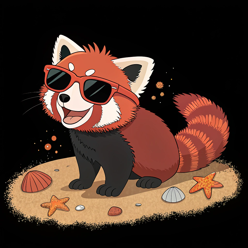 AI generated image by Red Panda AI: a smile red panda with sunglass blackground in the beach