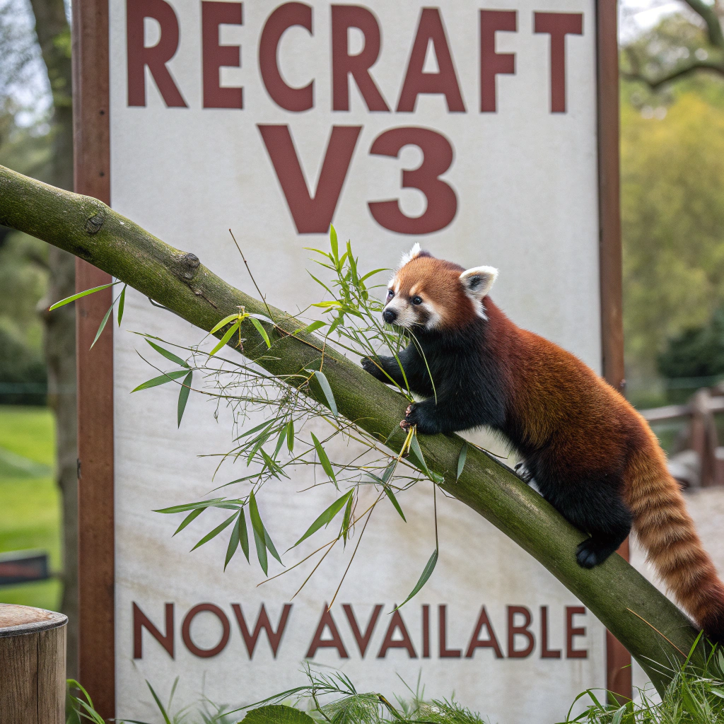 AI generated image by Recraft V3: a red panda eating a bamboo in front of a poster that says "recraft V3 now available