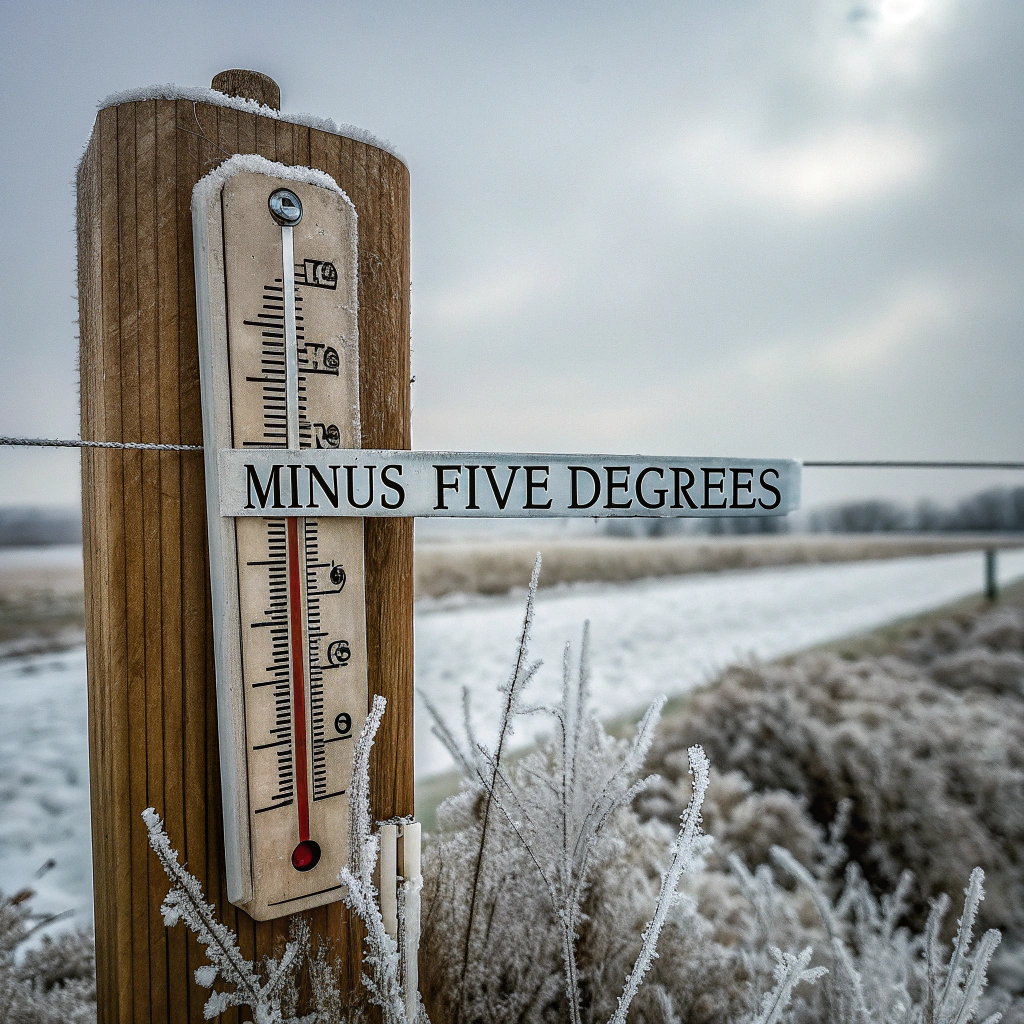 AI generated image by Red Panda AI: minus five degrees, bitter cold, outside thermometer