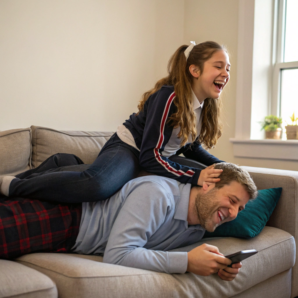 AI generated image by Red Panda AI: Make a high school girl sitting on a man head and another sitting on his stomach