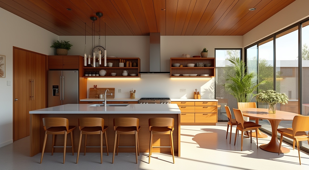 AI generated image by FLUX.1-pro: Create a photo-realistic image of a freshly remodeled "Mid-Century Modern" kitchen in a Southern California home:
Characteristics: Popular in areas with a rich history of mid-20th-century architecture (like Palm Springs), this style emphasizes indoor-outdoor living with large windows and open spaces. Furniture and layouts reflect a retro 1950s-60s feel.
Materials: Wood, metal, and glass, focusing on organic and geometric forms.