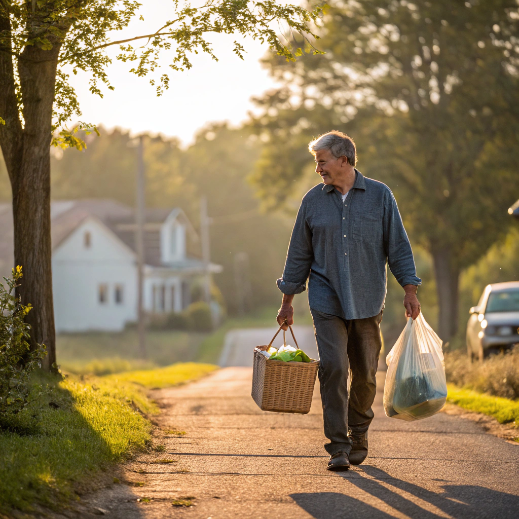 AI generated image by Red Panda AI: çarşıdan eve dönen bir baba ellerinde poşetler var yolda yürüyor