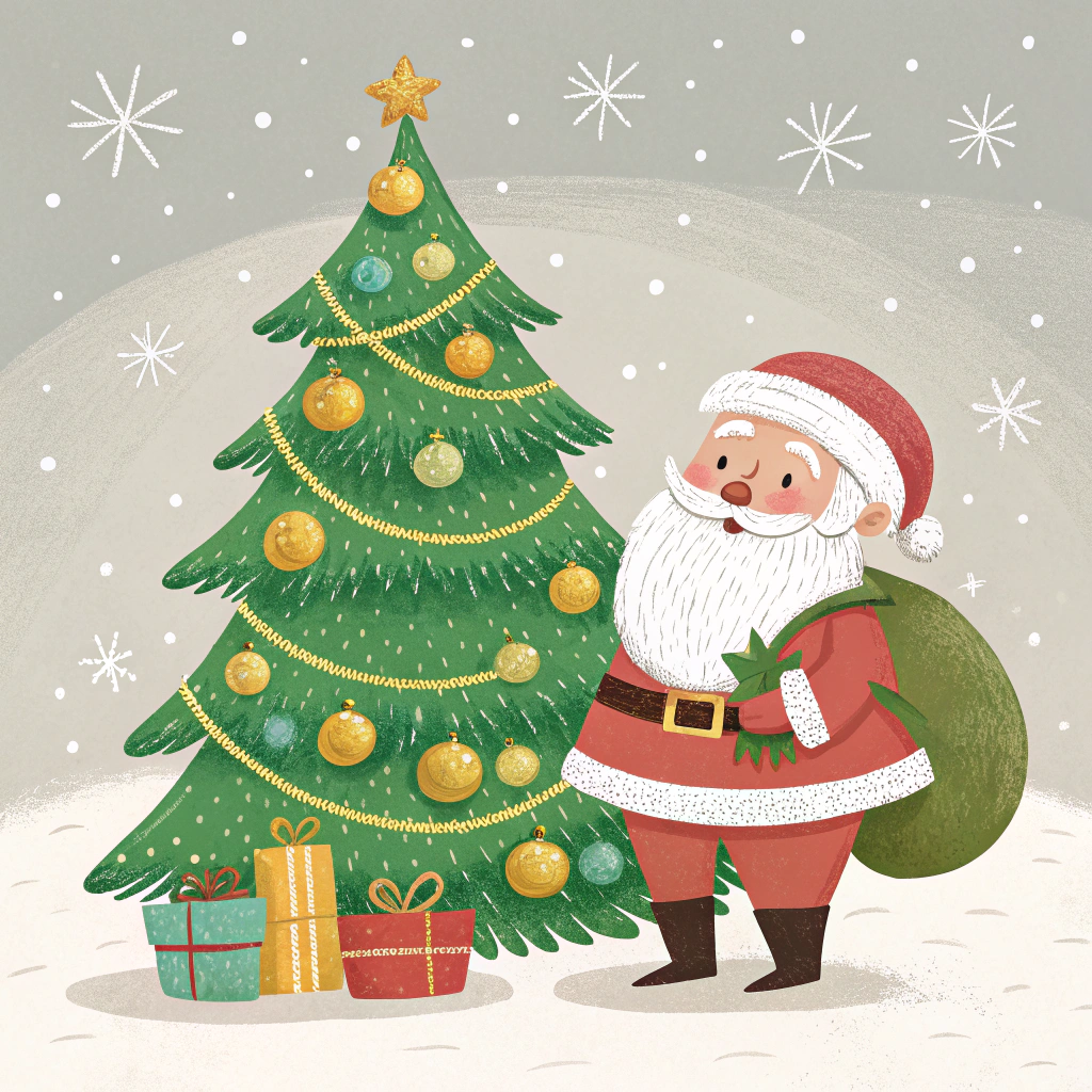 AI generated image by Red Panda AI:
please design me a Christmas card with Santa Claus and a Christmas tree. Green and gold baubles on the Christmas tree