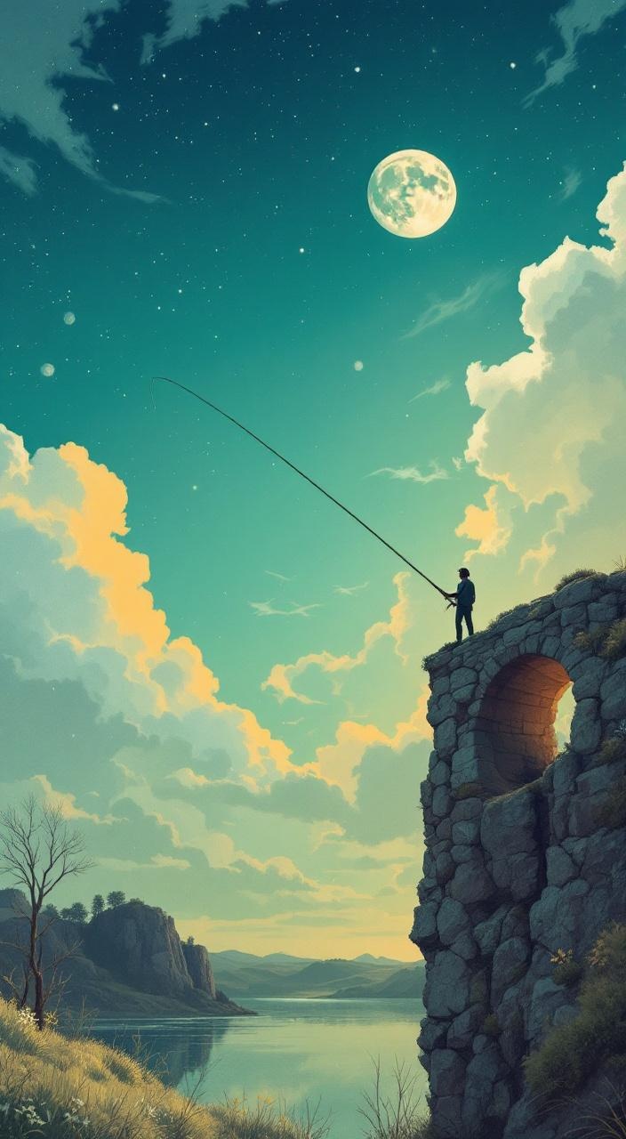 AI generated image by FLUX.1-pro: un homme qui peche à la ligne sur la lune