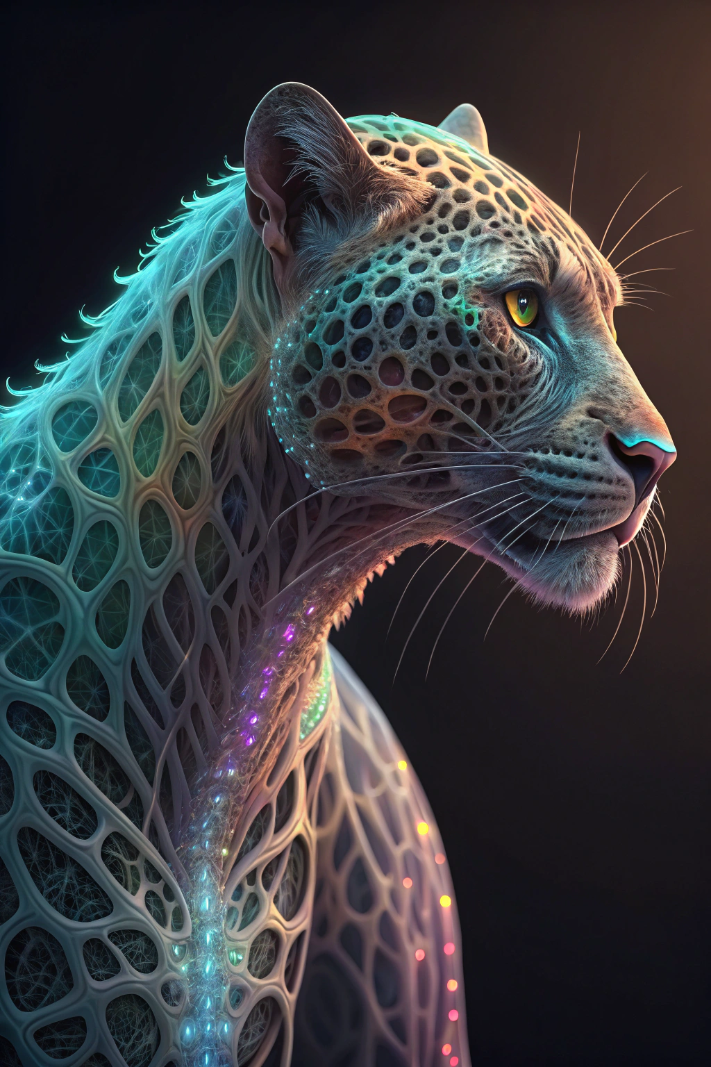 AI generated image by Red Panda AI: "The hybrid of leopard lady creature’s translucent, undulating skin is intricately veined with lattice-like patterns, constantly shifting in a kaleidoscopic array of colors. Segmented and scaled, the surface exudes an almost alive, breathing effect, as though the glowing, cybernetic energy pulses with each second. This surreal being invites viewers to explore the boundless, fluid possibilities of the digital age."