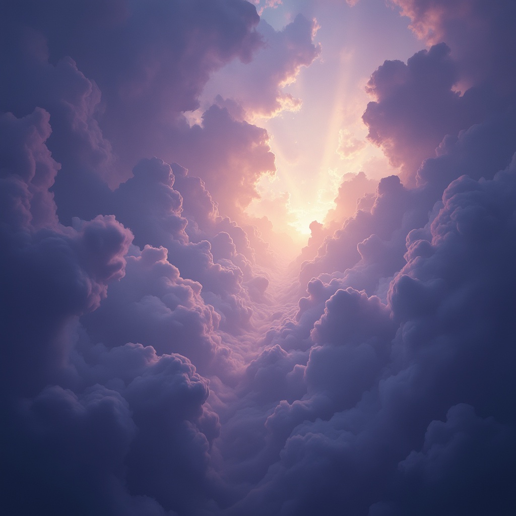AI generated image by FLUX.1-pro: A deep, atmospheric background with a sense of perspective. The scene should feature a vast, expansive sky with soft, ethereal clouds drifting across it. The lighting should be soft but striking, with rays of light breaking through the clouds, suggesting divine presence. Use a color palette of deep purples and soft blues, with glowing accents to create a mystical and contemplative atmosphere. The scene should feel spiritual, inviting reflection and awe, with a focus on depth and tranquility.