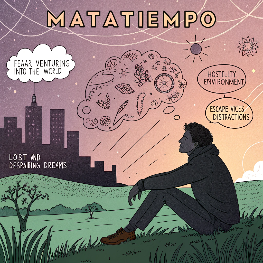 AI generated image by Red Panda AI: crea una portada para album musical llamado matatiempo, en el se exponen problematicas como el miedo a salir al mundo y la hostilidad de este, el escape de la realidad a travez de vicios y distracciones, y los sueños perdidos y desesperanzadores... me gustaria una imagen de una silueta humana masculina sentada en un espacio verde contemplando la ciudad, en una nube animada saliendo de la cabeza de este, se pueden apreciar ilustraciones representando los problemas anteriormente mencionados... todo esto con un toque psicodelico, onirico, profundo y misterioso