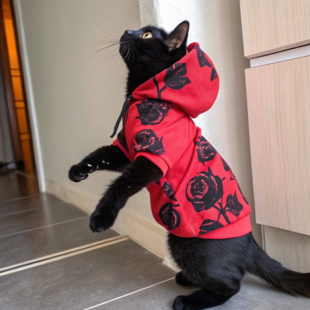 AI generated image by Red Panda AI: Un gato negro parado como un humano de pie con un pantalón ancho negro y una sudadera roja con rosas negras estampadas