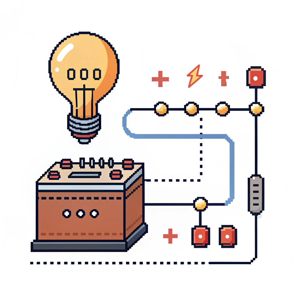 AI generated image by Red Panda AI: Draw in pixel art style: an electrical circuit where a battery is connected to a light bulb, and the electrons are represented as spheres of energy along the wire. Use a white background.